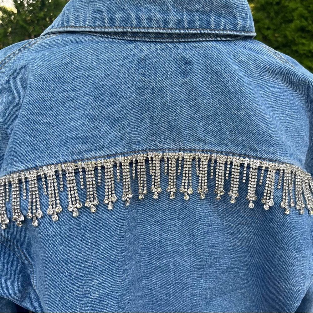 NWOT Revolve Superdown Rhinestone Fringe Denim Jacket - Picture 9 of 10